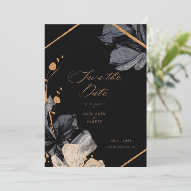 Exclusive Gold Black Floral Save the Date Card (Stehend Vorderseite)