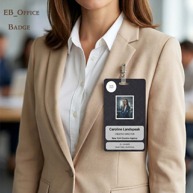 Executive Black Leather Custom Logo Foto ID  Ausweis (Chic Black Leather Custom Logo Photo ID Vertical Badge
Size: 2.13” x 3.38”
)