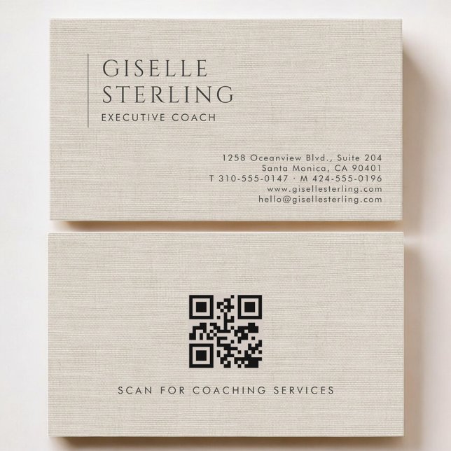 Executive Coach Luxus Neutraler Leinen QR Code Visitenkarte (Von Creator hochgeladen)