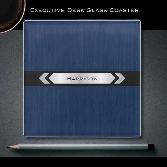 Executive Office Blue Silver Desk Accessory Glasuntersetzer (Instantly upgrade your executive workspace with this commanding Navy Blue Glass Coaster.)