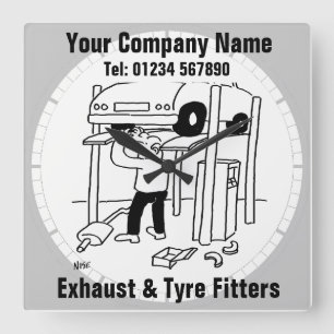 Exhaust & Tyre Fitters Quadratische Wanduhr