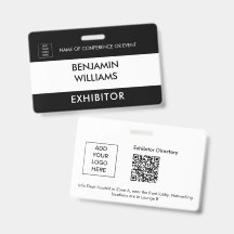 Exhibitor Name Badge QR Black White Custom Logo ID