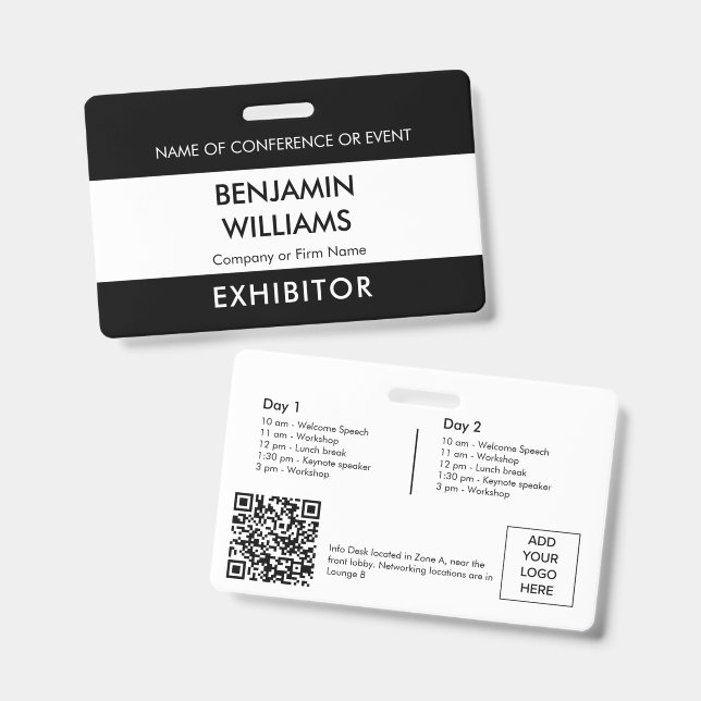 Exhibitor Name Badge QR Black White Logo ID Event Ausweis (Vorder- & Rückseite)