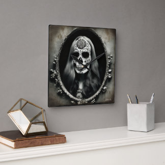 EXISTENZIELLES LETE Vintages Schädelportrait 5 Quadratische Wanduhr