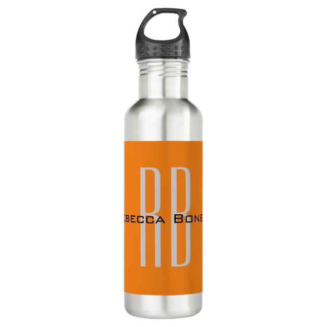Exklusive Orange Initials Monogram Modern Edelstahlflasche (Vorderseite)