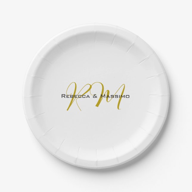 Exklusives einzigartiges Gold-Farben-Monogramm Mod Pappteller (Vorderseite)