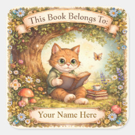 Exlibris - Katze liest ein Buch unter einem Baum Quadratischer Aufkleber