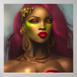 Exotic African Glamour Frau Rote Lippen Rosa Gold Poster