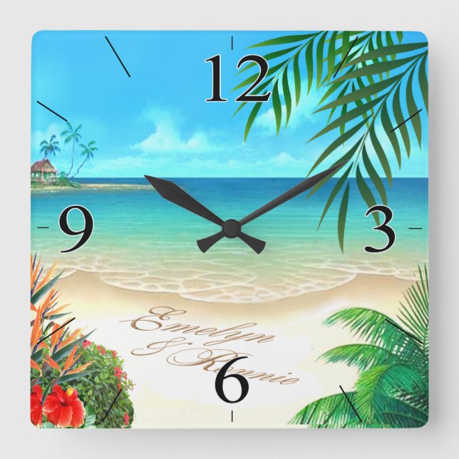 Exotic Beach FRAGTE mir, IHRE NAMEN IN SAND ZEICHN Quadratische Wanduhr (Vorderseite)