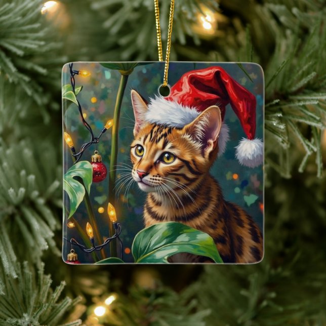 Exotic Bengal Cat Jungle Christmas Playtime Art Keramikornament (Baum)