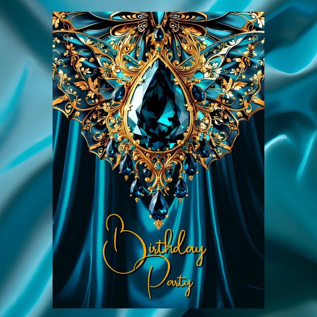 Exotic Birthday Aquamarin Blue Gold Jewel Butterfl Einladung (Von Creator hochgeladen)