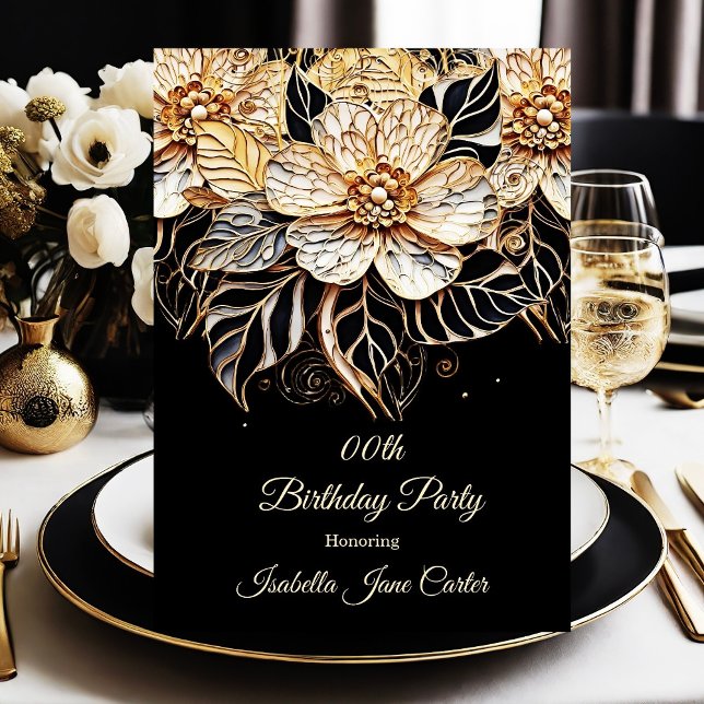 Exotic Birthday Party Floral beige Gold schwarz Einladung (Von Creator hochgeladen)