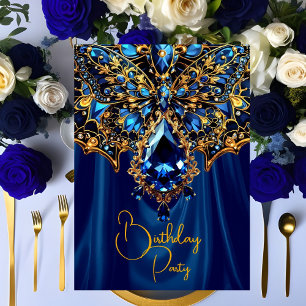 Exotic Birthday Steel Blue Gold Jewel Butterfly Einladung