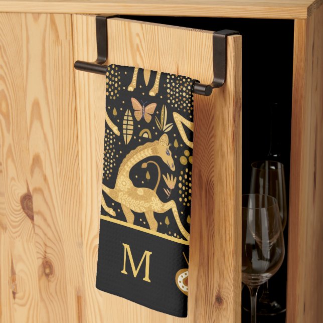 Exotic Black Gold Giraffe Boho Monogram Geschirrtuch (Drittel gefaltet)