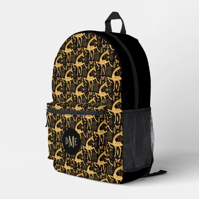 Exotic Black Gold Giraffe Monogramm Bedruckter Rucksack (Rückseitige Ecke Rechts)