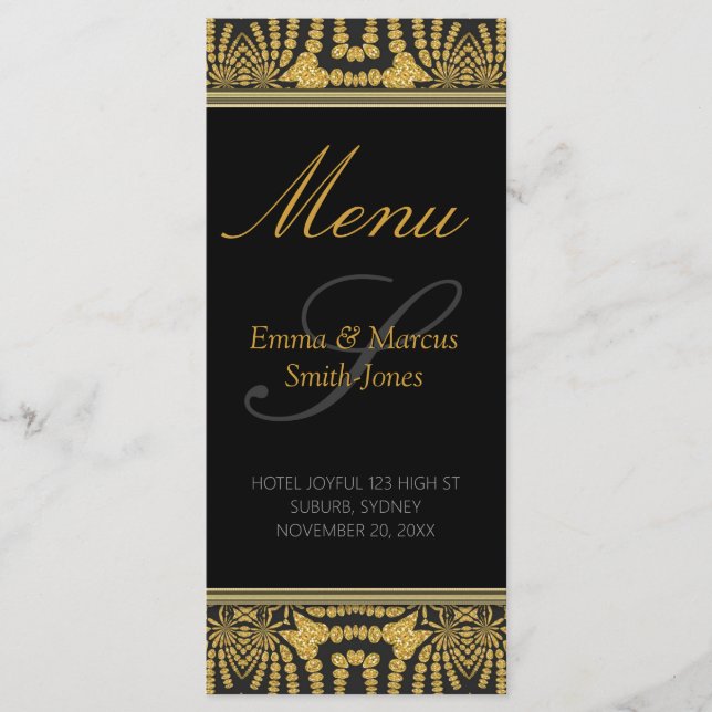 Exotic Black & Gold Tribal Batik Wedding Menu Card Menükarte (Vorderseite)