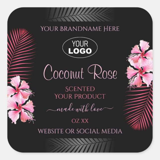 Exotic Black Product Label Pink Hawaii Blume Logo Quadratischer Aufkleber (Vorderseite)