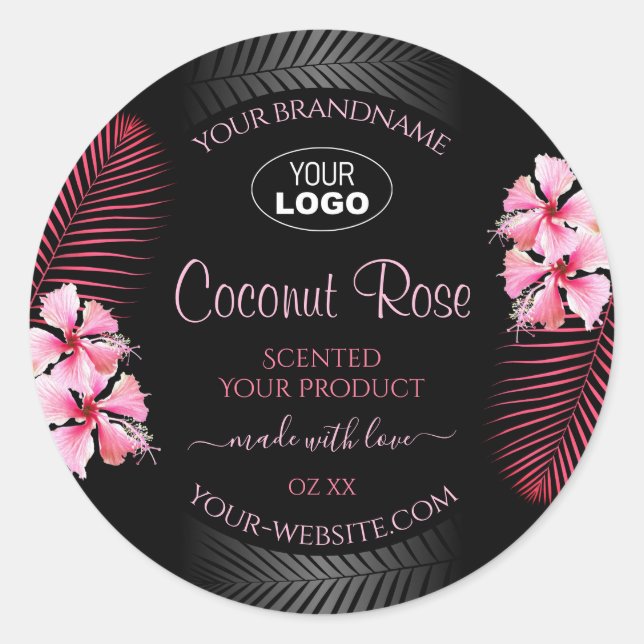 Exotic Black Product Label Pink Hawaii Blume Logo Runder Aufkleber (Vorderseite)