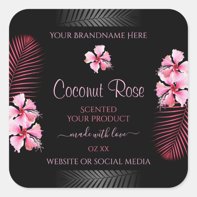 Exotic Black Product Labels Pink Hawaii Blume Quadratischer Aufkleber (Vorderseite)