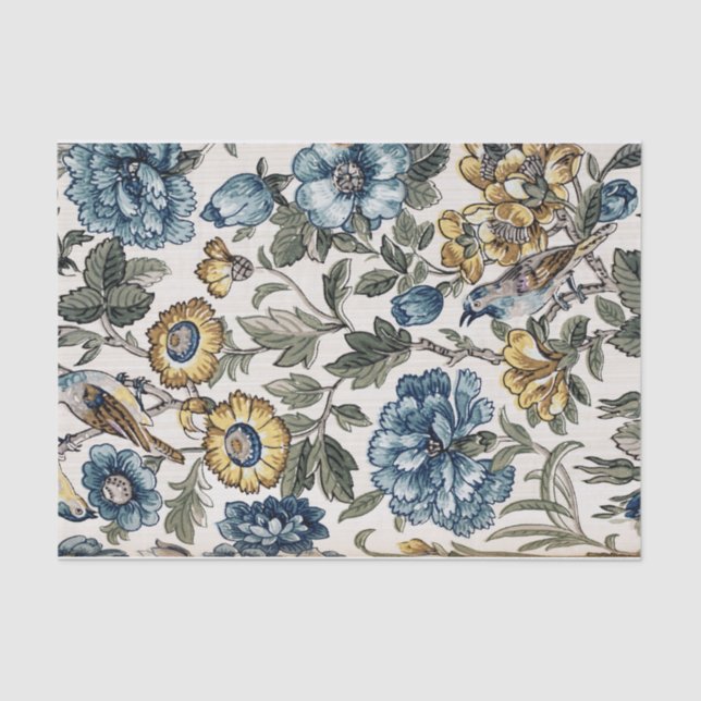 Exotic Blue and Gold Blume & Birds Seidenpapier (Vorderseite)