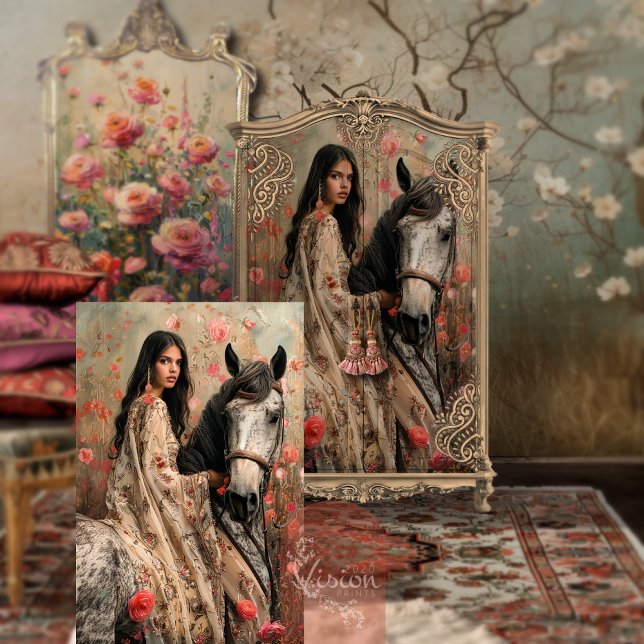 Exotic Boho Girl auf dem Pferd Seidenpapier (Boho Girl on a Horse, Exotic Folk Art, Floral Field, Decoupage Tissue Paper)