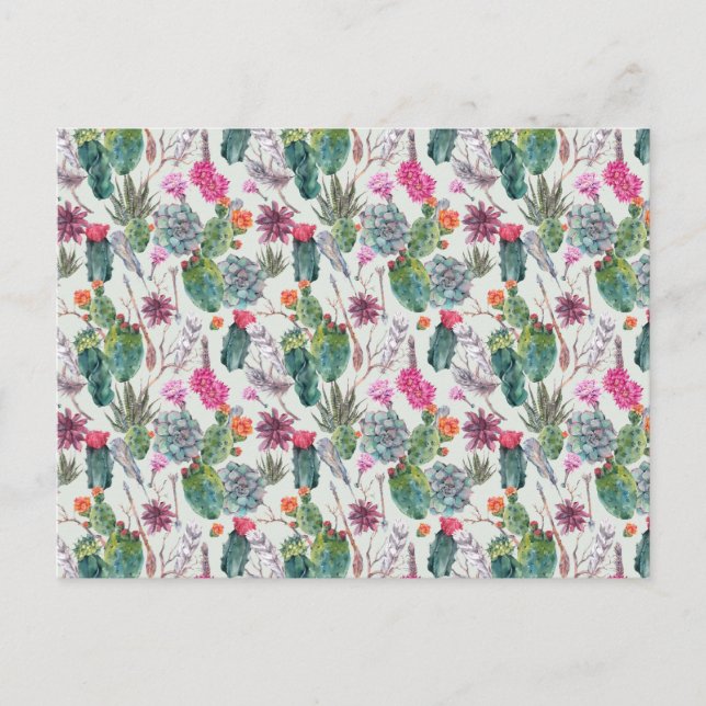 Exotic Boho Wasserfarbenkaktus und sukkulentes Mus Postkarte (Vorderseite)