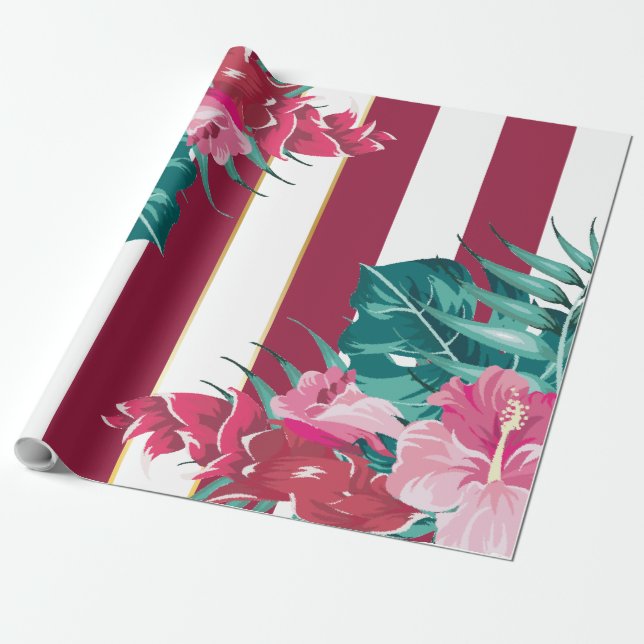 Exotic burgundy floral gestreift geschenkpapier (Ungerollt)