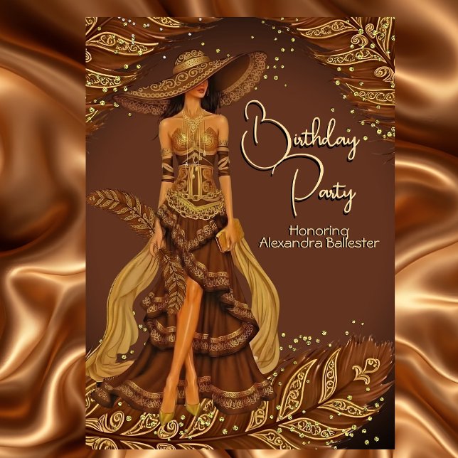 Exotic Chocolate Dress Gold Feather Birthday Party Einladung (Von Creator hochgeladen)