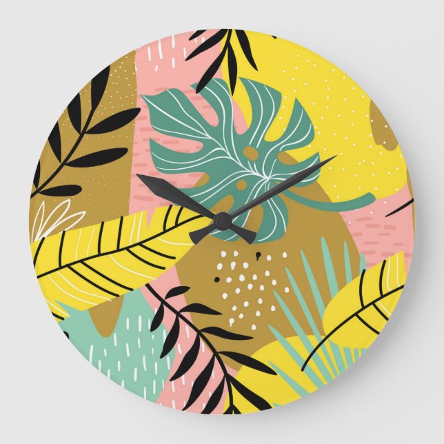 Exotic Collage: Muster tropischer Pflanze Große Wanduhr (Vorderseite)