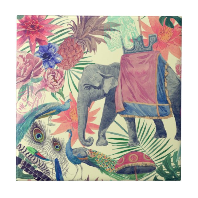 Exotic Elephant Peacock Hübsch Fliese (Vorderseite)
