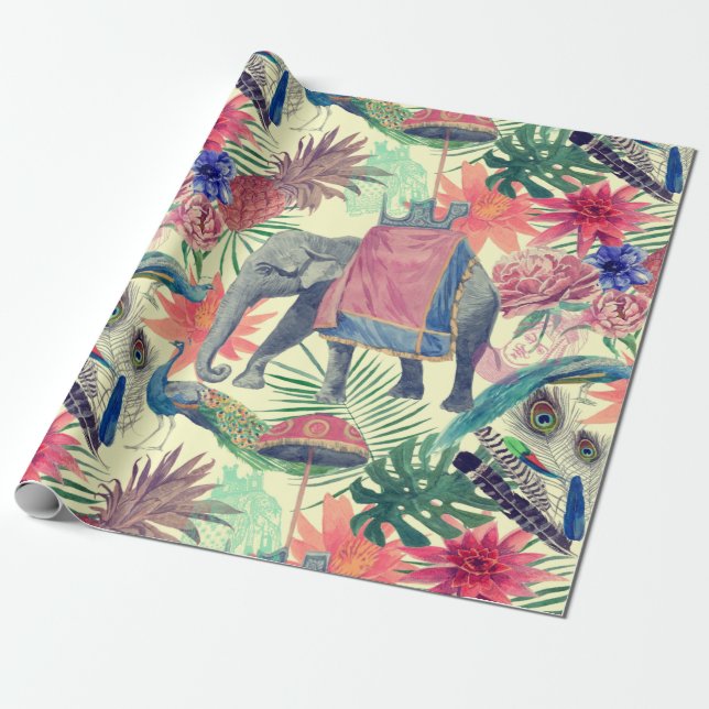 Exotic Elephant Peacock Hübsch Geschenkpapier (Ungerollt)