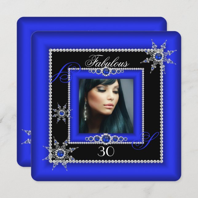 Exotic Fabulous Royal Blue Silver Snowflake Foto Einladung (Vorne/Hinten)