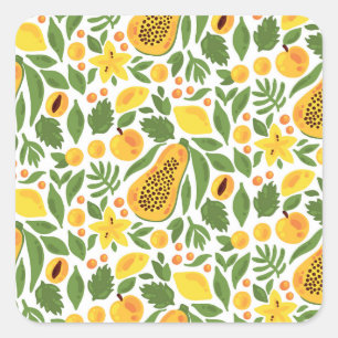 Exotic Fruits Ensemble: Papaya, Lemon, Mango Quadratischer Aufkleber