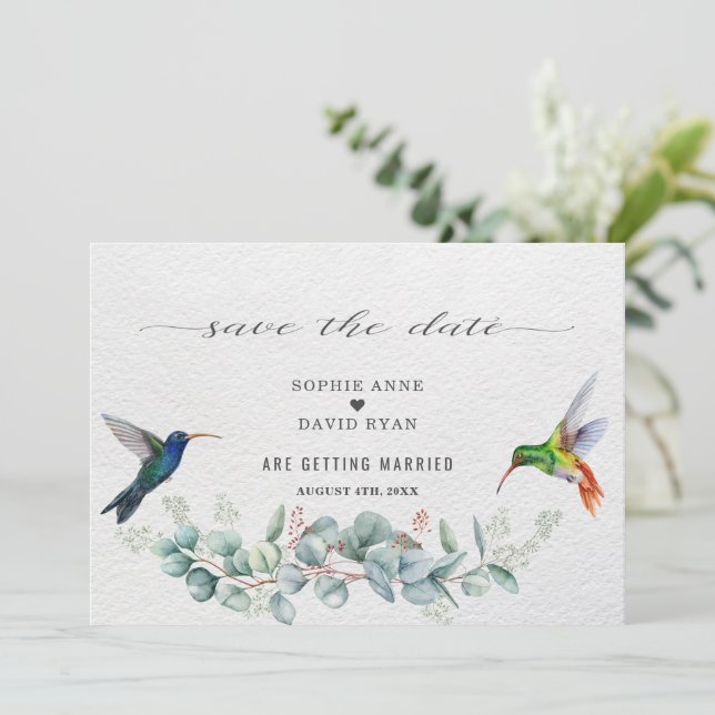 Exotic Hummingbirds Eucalyptus Protea Wedding  Save The Date (Stehend Vorderseite)