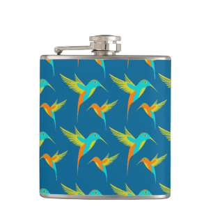 Exotic Hummingbirds Pattern Blau Flachmann