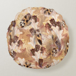 Exotic Mix Brown Tones Bird Feder Print Rundes Kissen