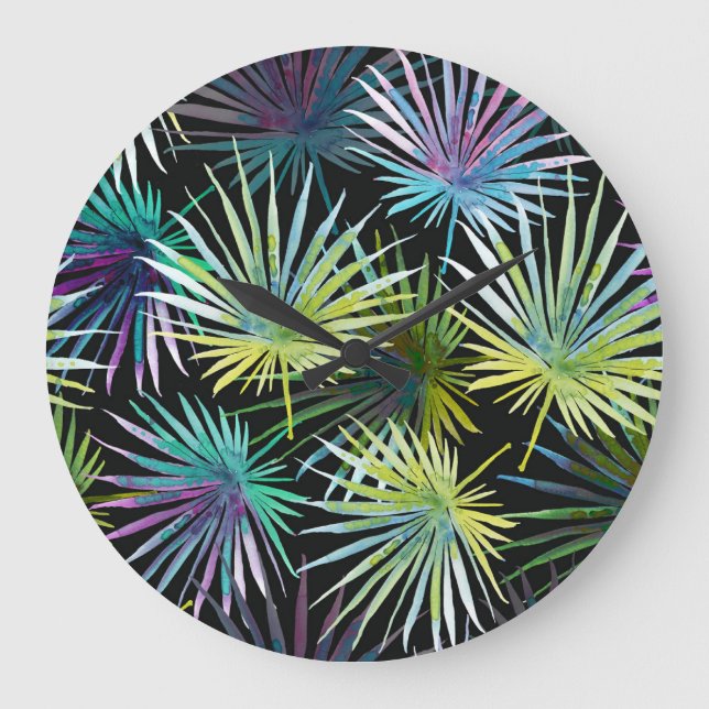 Exotic Palm Blätter Wasserfarbe Große Wanduhr (Vorderseite)