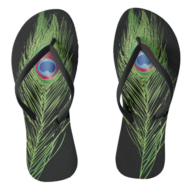 Exotic Peacock Feather on Black Flip Flops (Fußbett)