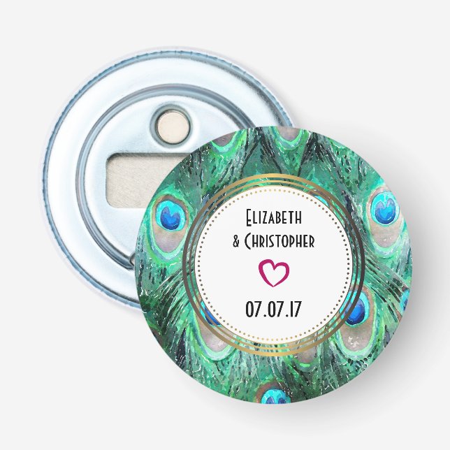 Exotic Peacock Feathers Gastgeschenk Hochzeit Flaschenöffner (Vorderseite)