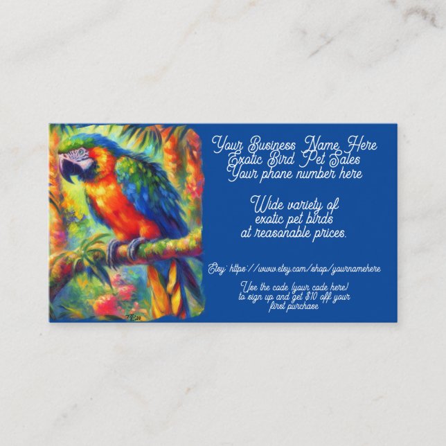 Exotic Pet Bird Parrot Cockatoo Shop Sales Etsy Visitenkarte (Vorderseite)