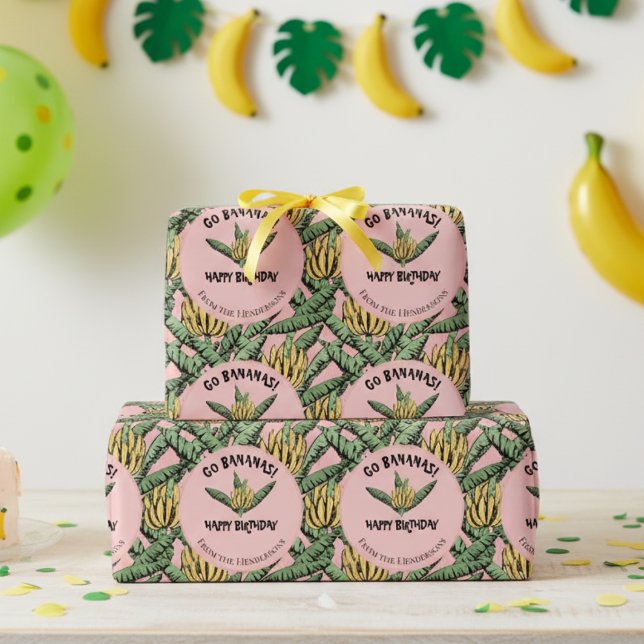 Exotic Pink Go Bananen Happy Birthday Dschungel Geschenkpapier (Fun Go Bananas Birthday Party Wrapping Paper. Yellow Bananas, Banana Leaves Happy Birthday Gift Wrap)
