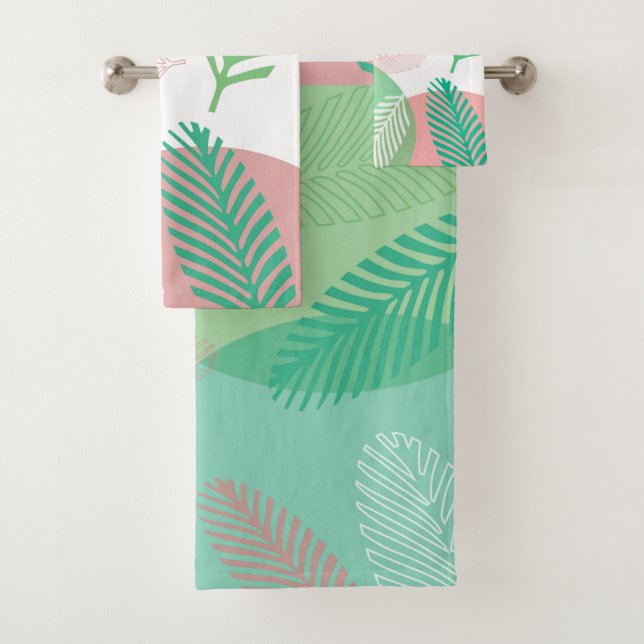 Exotic Pink Green Palm Blätter Muster Badhandtuch Set (Insitu)