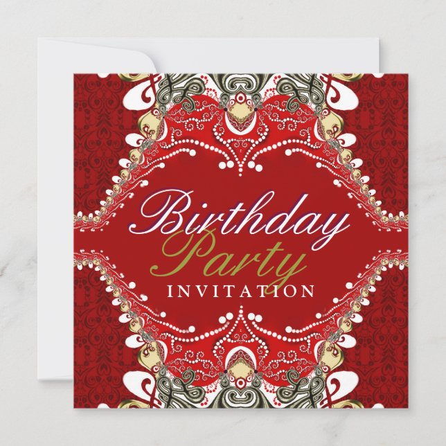 Exotic Red Batik Damask Geburtstagsparty Einladung (Vorderseite)