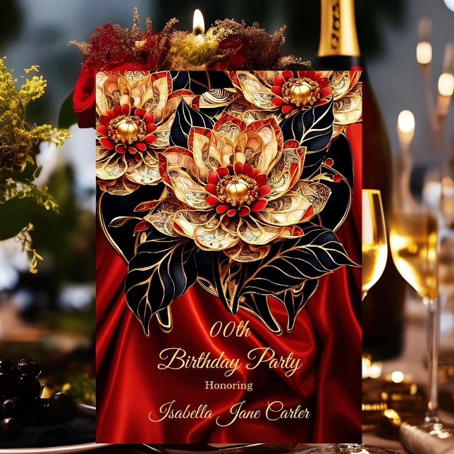 Exotic Red Birthday Party Floral Gold schwarz Einladung (Von Creator hochgeladen)