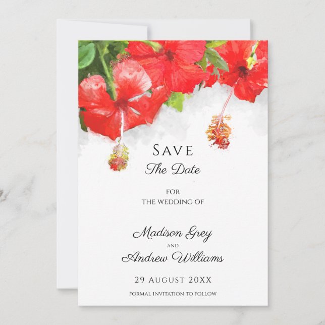 Exotic Red Hibisken Blume Art Wedding Save The Date (Vorderseite)