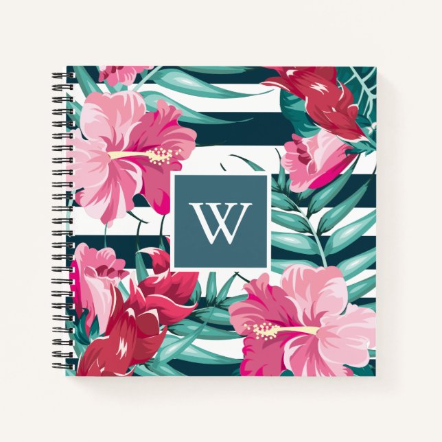 Exotic Summer Floral Design Monogram gestreift Notizbuch (Vorderseite)