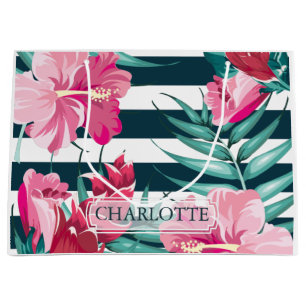 Exotic Summer Floral Personalisiert gestreift Große Geschenktüte