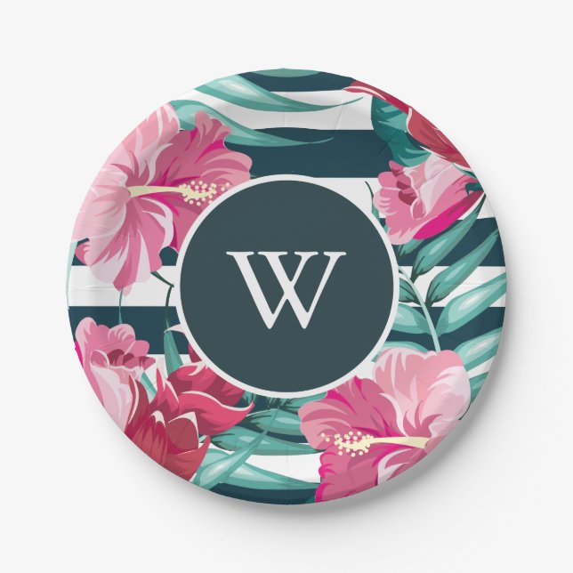 Exotic Summer personalisiert floral gestreift Pappteller (Vorderseite)
