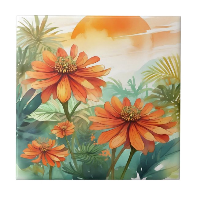 Exotic Tithonia tropische Wasserfarbe Fliese (Vorderseite)