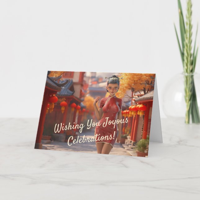 Exotic Toon Girl feiert chinesisches Neujahr Karte (Vorderseite)